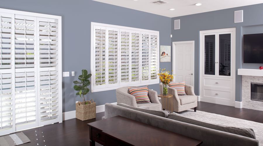 Faux Wood Shutters In blue Sacramento Living Room